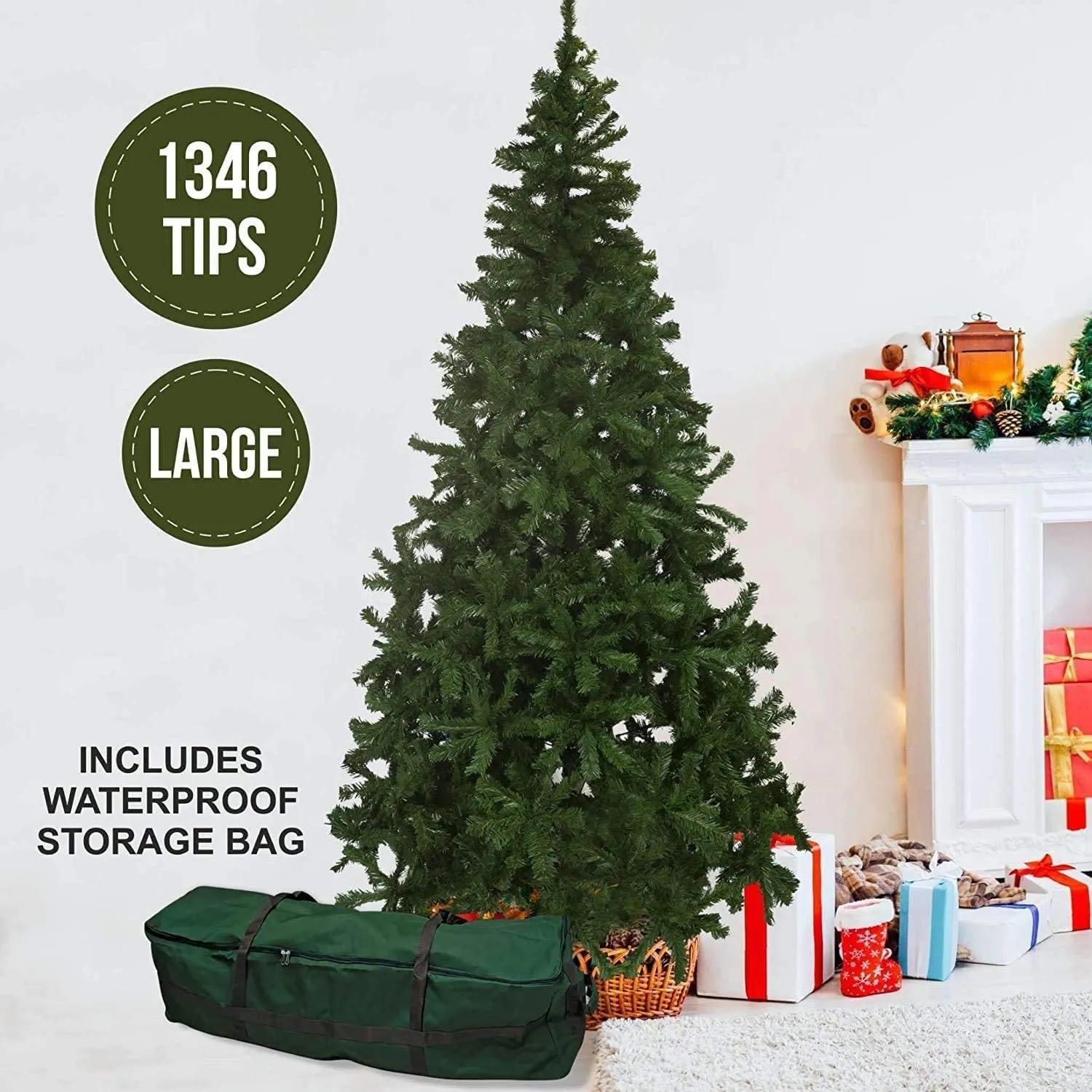 Olsen & Smith Large 7.5ft (7.5 Feet) 2.3m 1346 Tips Festive Artificial Pine Indoor Xmas Christmas Tree with Waterproof Storage Bag (7.5ft / 2.3m)