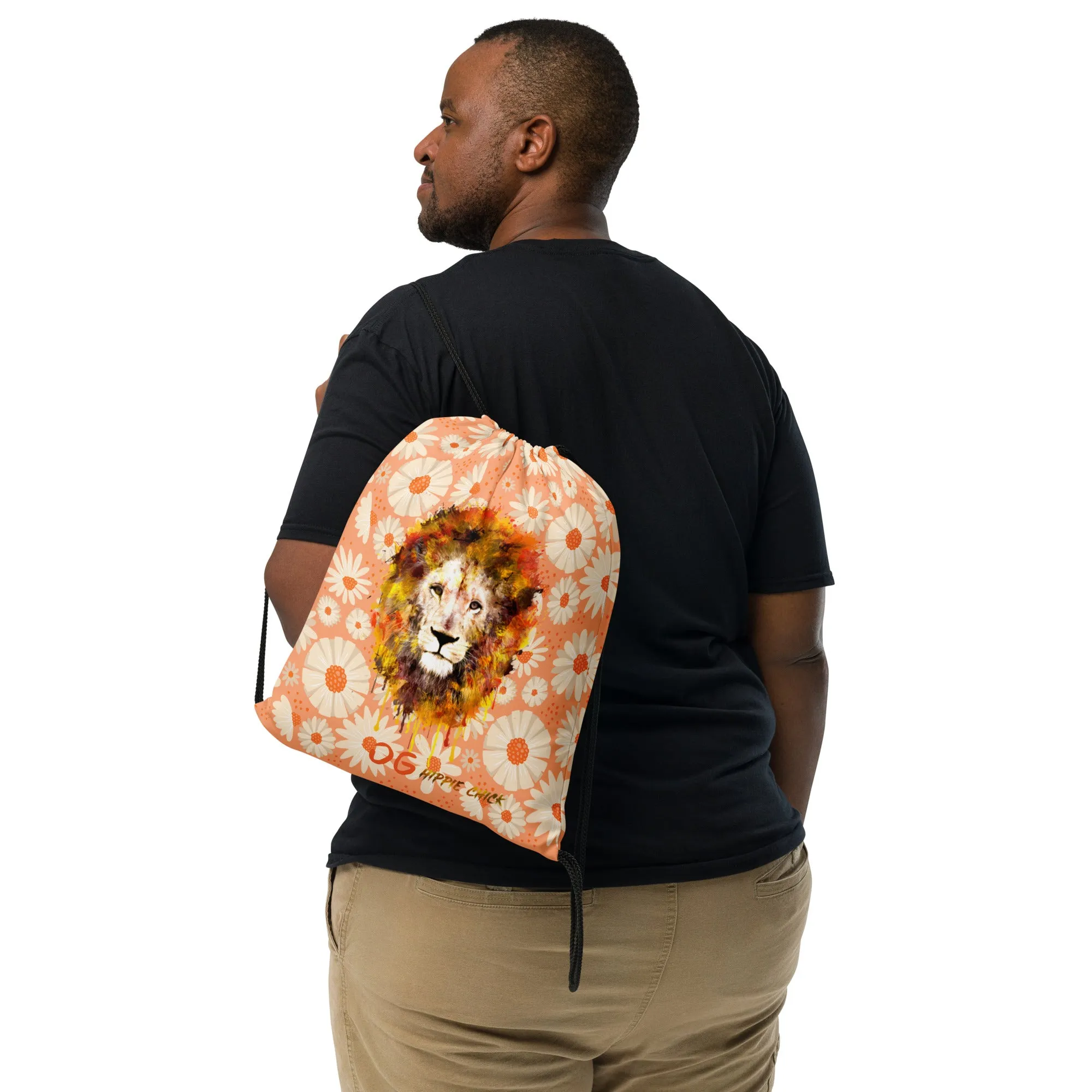 Peach Daisies Drawstring Bag