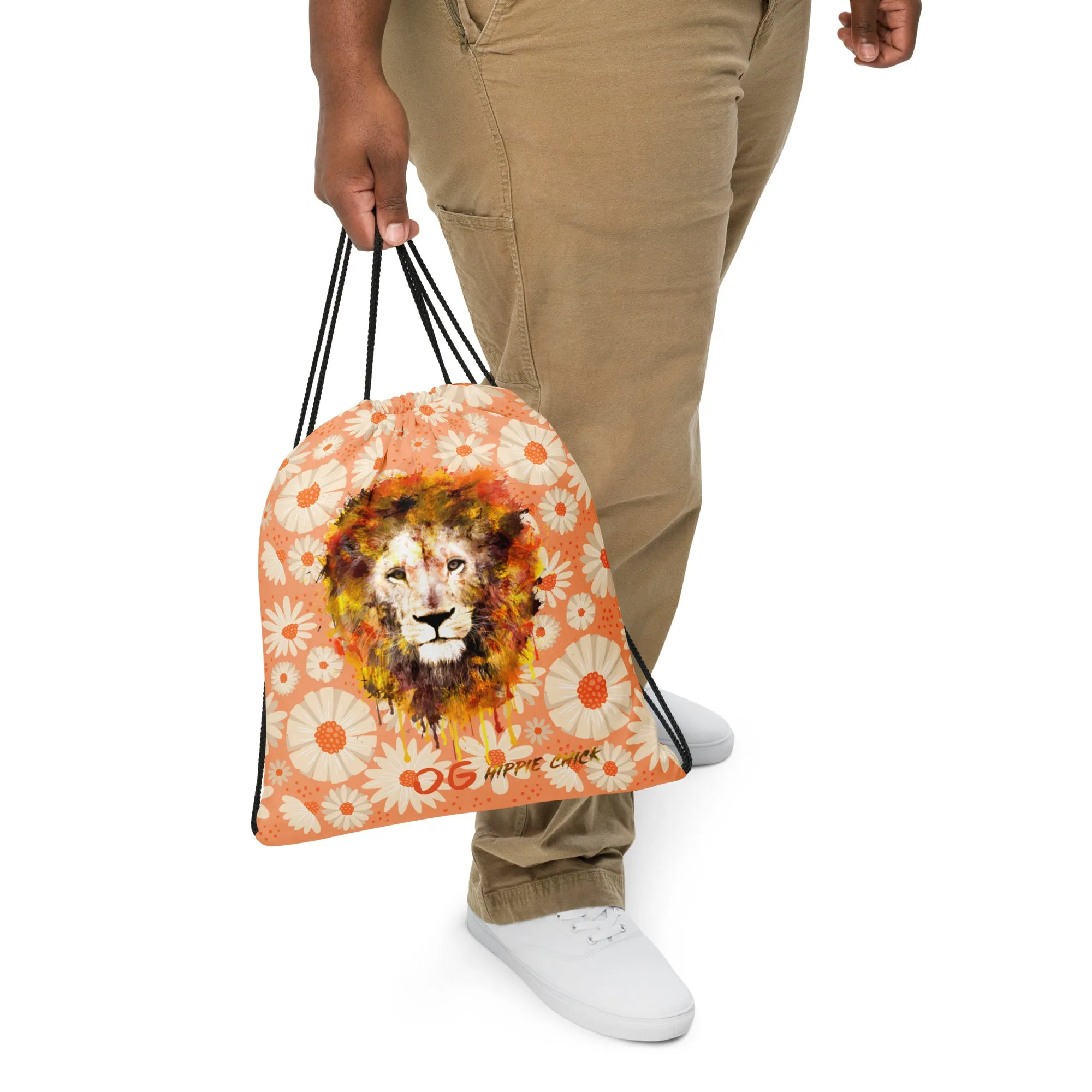 Peach Daisies Drawstring Bag