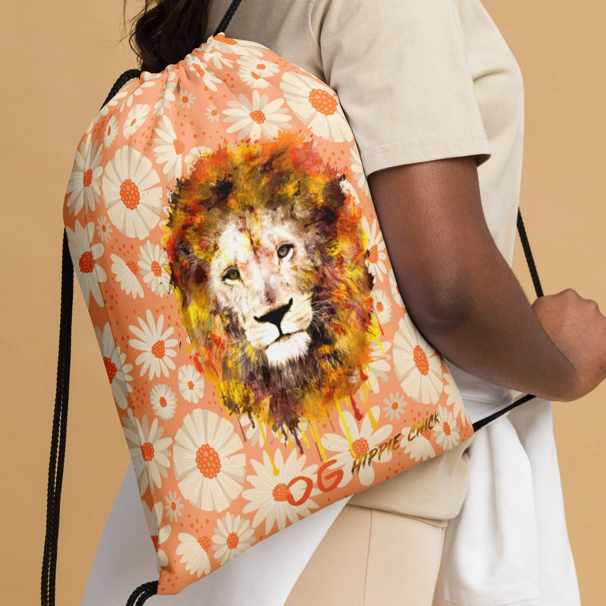 Peach Daisies Drawstring Bag