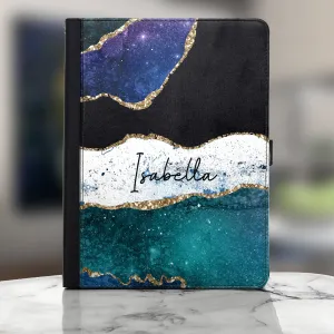 Personalised Bush Universal Leather Tablet Case With Blue Strip Marble