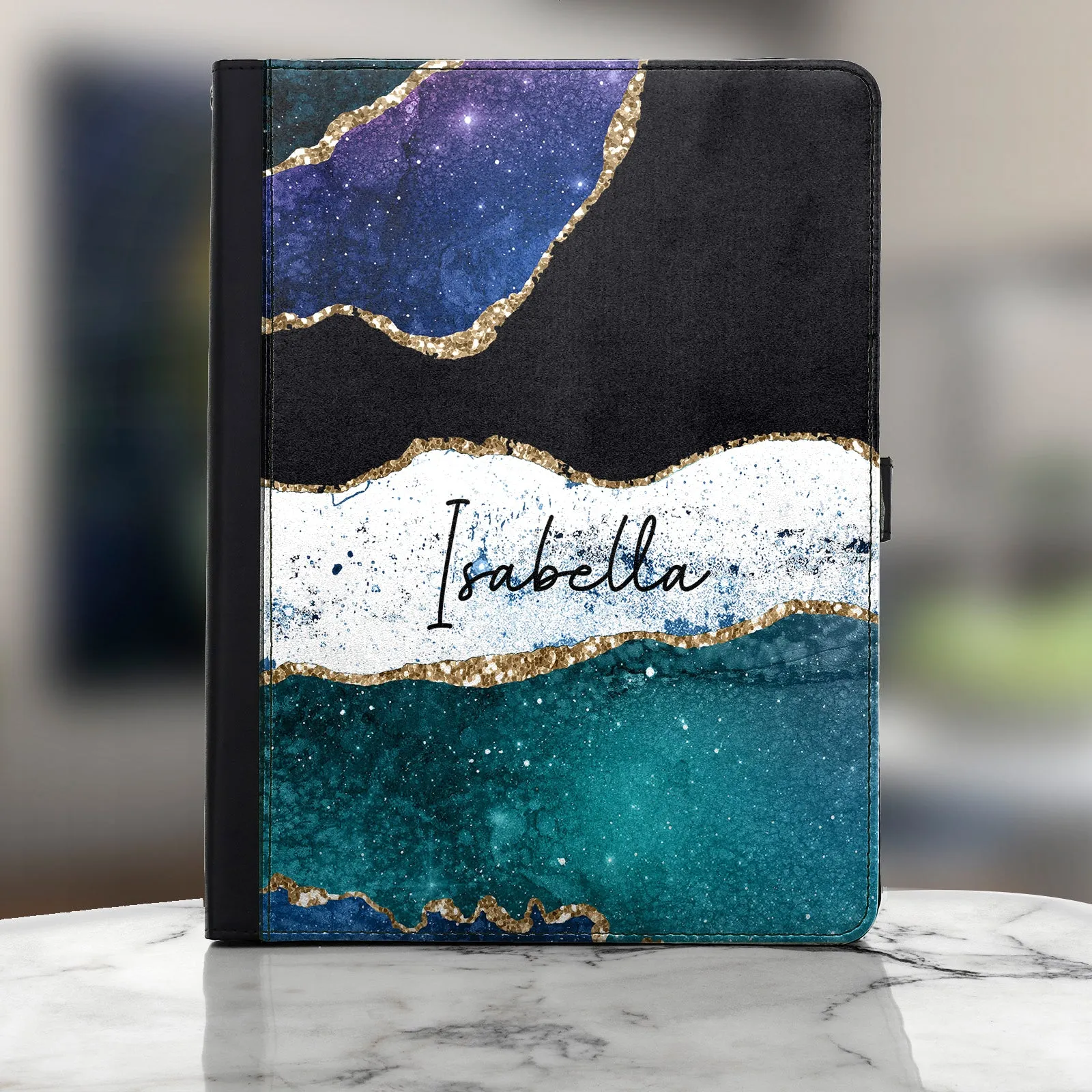 Personalised Bush Universal Leather Tablet Case With Blue Strip Marble