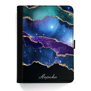 Personalised LG Universal Leather Tablet Case With Blue and Purple Stripe Marble