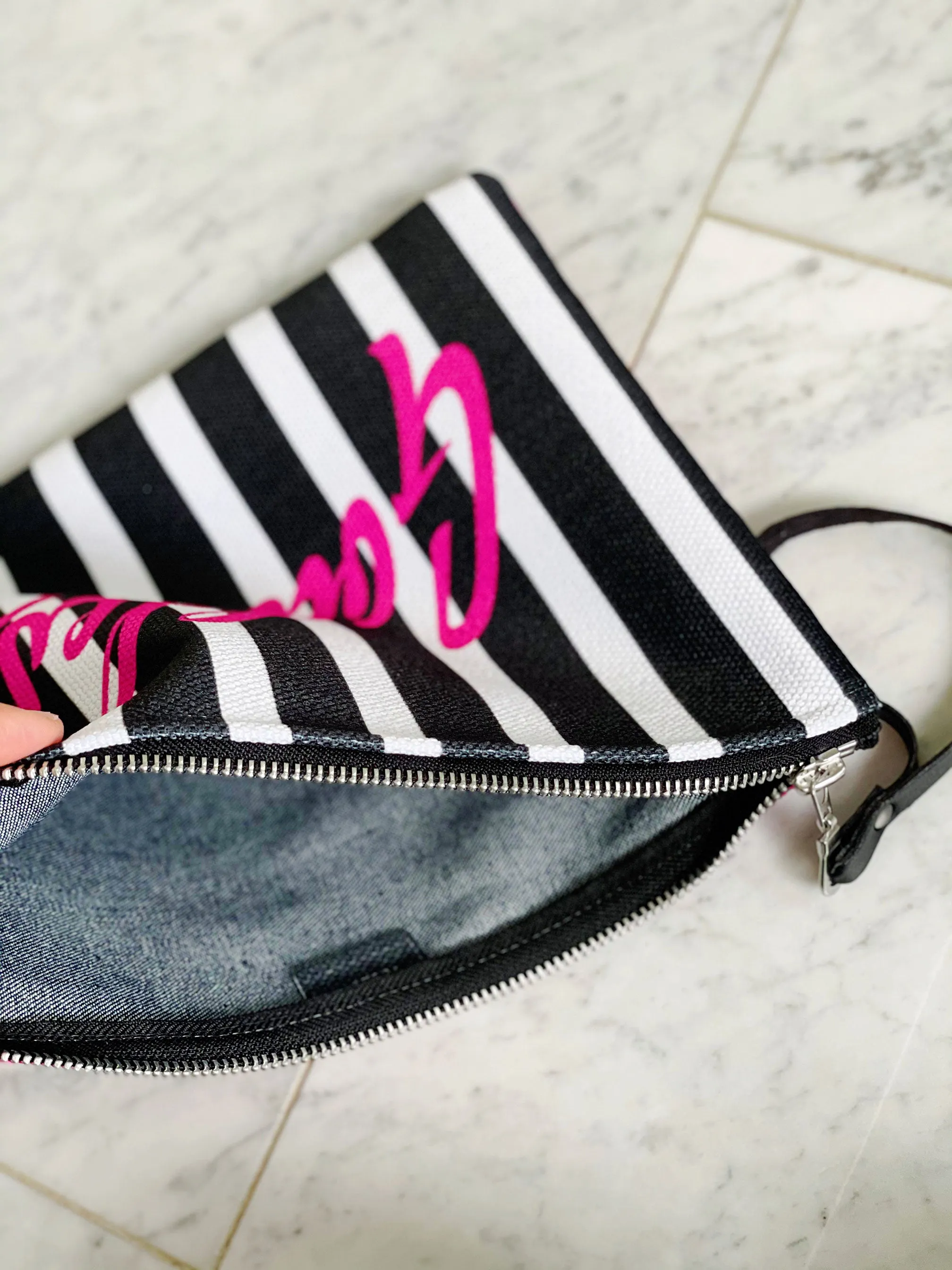 Pink & Black Signature Stripe Zipper Pouch