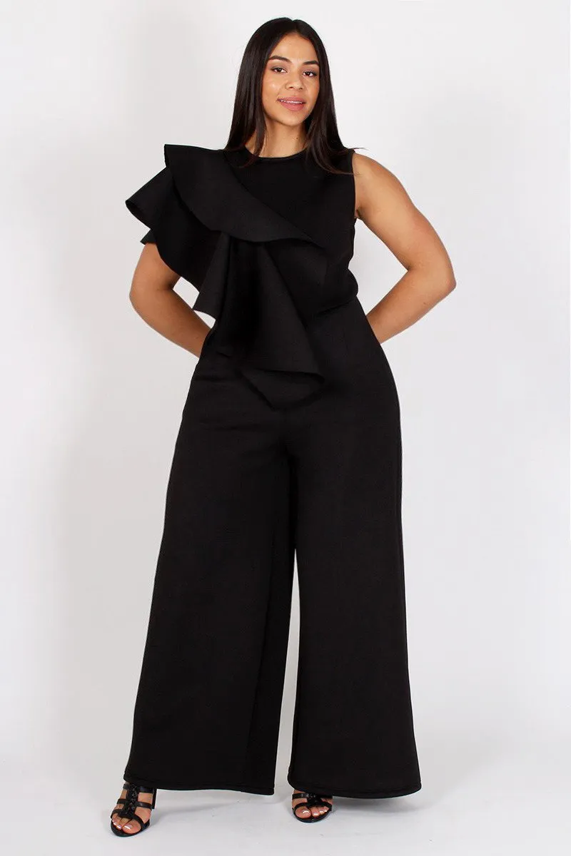 Plus Size Ruffled Trim Side Maxi Leg Jumpsuit