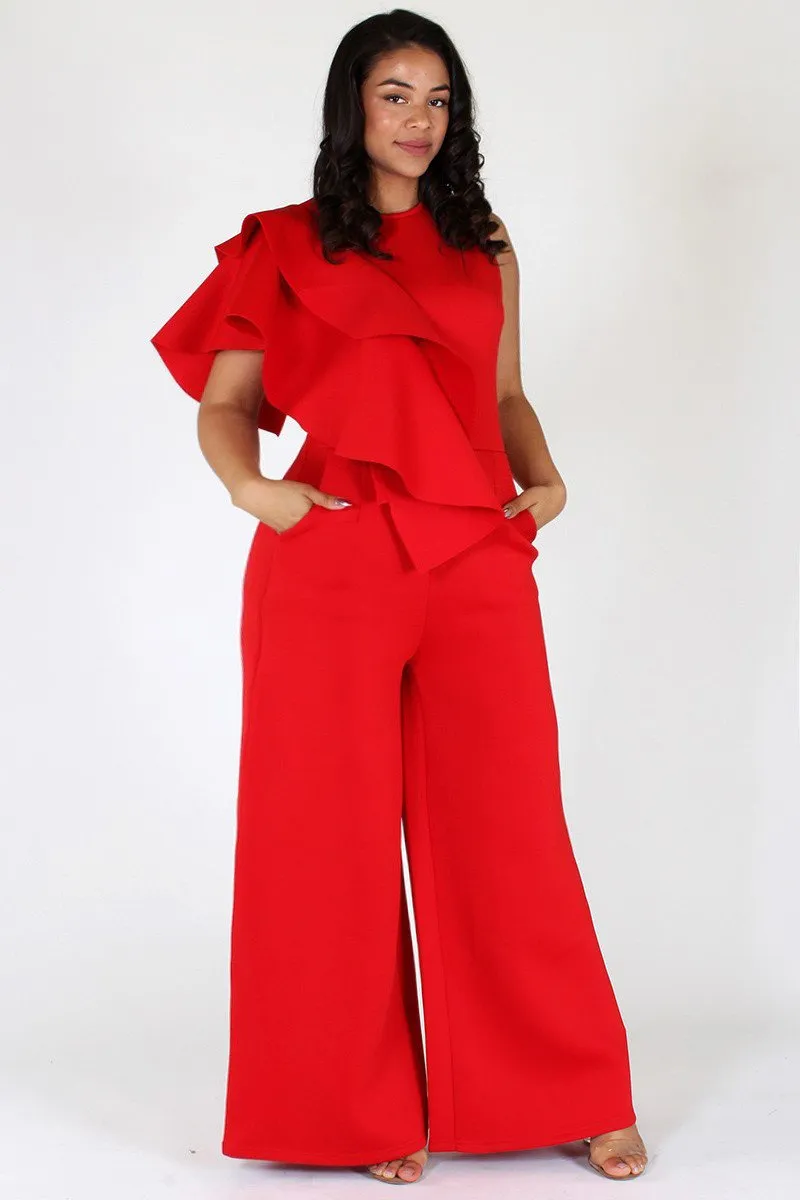 Plus Size Ruffled Trim Side Maxi Leg Jumpsuit