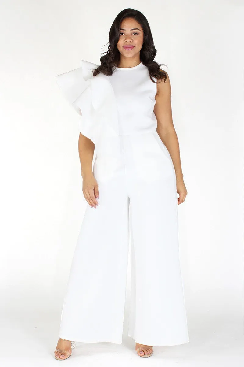 Plus Size Ruffled Trim Side Maxi Leg Jumpsuit