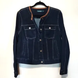 Ralph Lauren Dark Blue Denim Jacket Leather Trim Collar Large