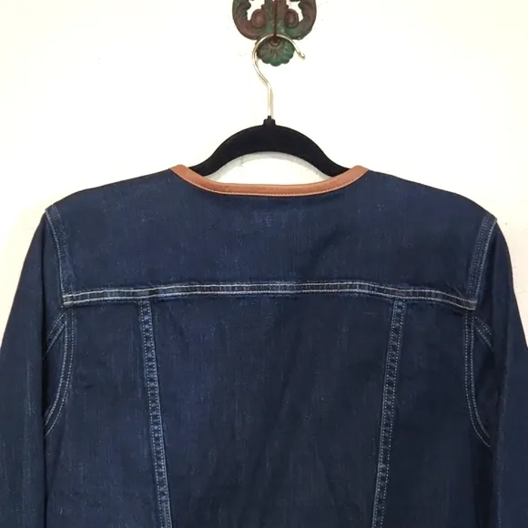 Ralph Lauren Dark Blue Denim Jacket Leather Trim Collar Large