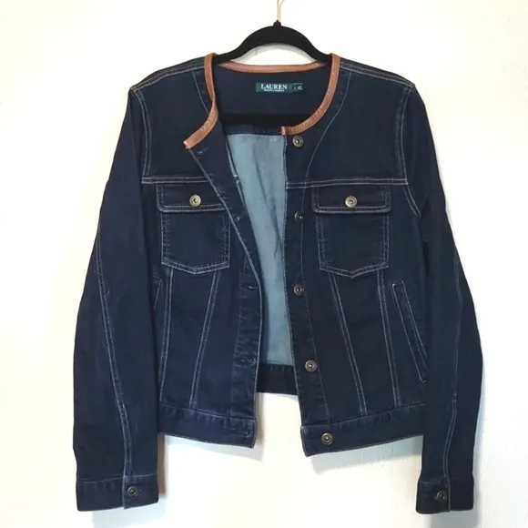 Ralph Lauren Dark Blue Denim Jacket Leather Trim Collar Large