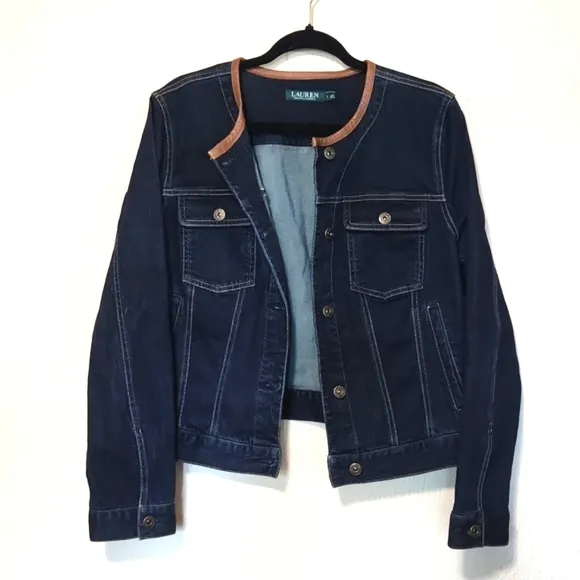 Ralph Lauren Dark Blue Denim Jacket Leather Trim Collar Large