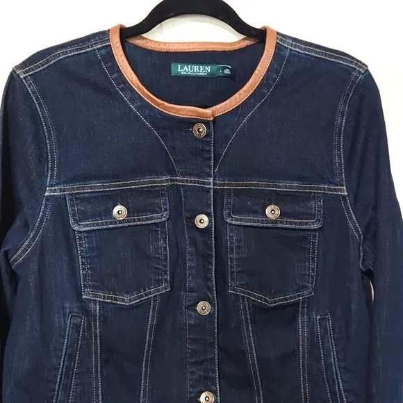 Ralph Lauren Dark Blue Denim Jacket Leather Trim Collar Large