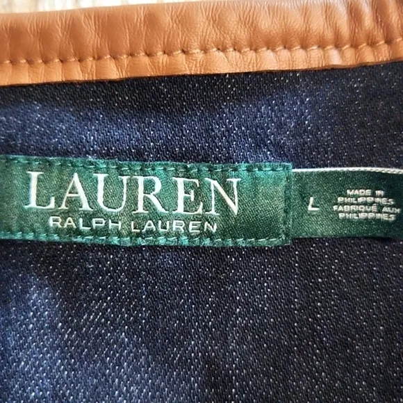 Ralph Lauren Dark Blue Denim Jacket Leather Trim Collar Large