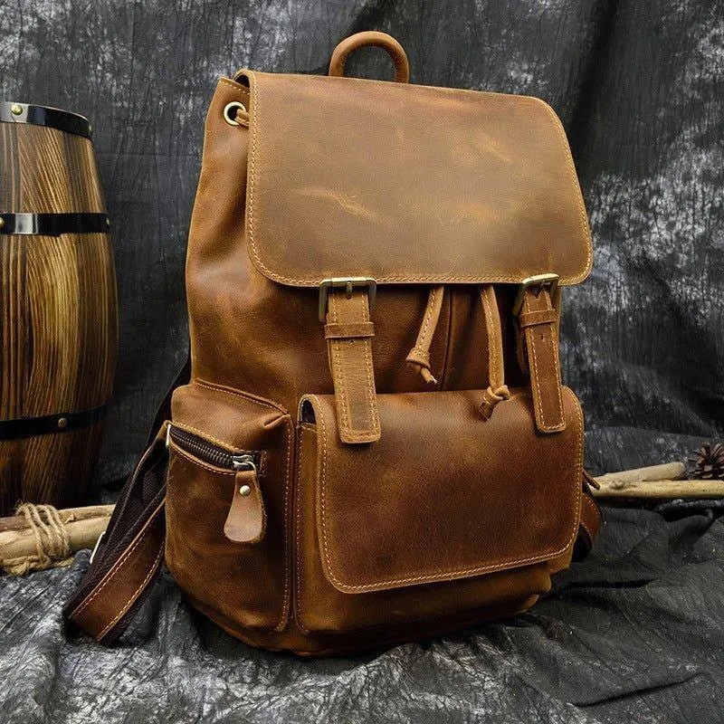 Real leather Backpack Vintage Drawstring