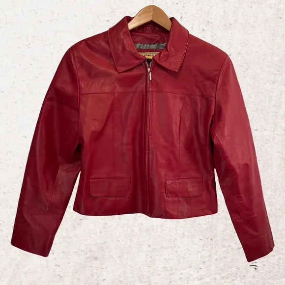 Red Cropped Leather Jacket with Zipper Closure