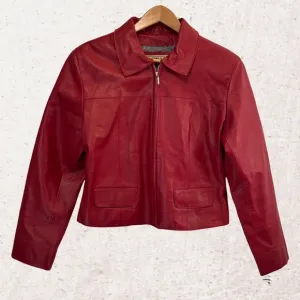 Red Cropped Leather Jacket with Zipper Closure