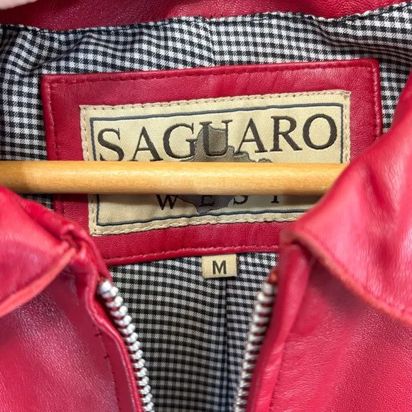 Red Cropped Leather Jacket with Zipper Closure