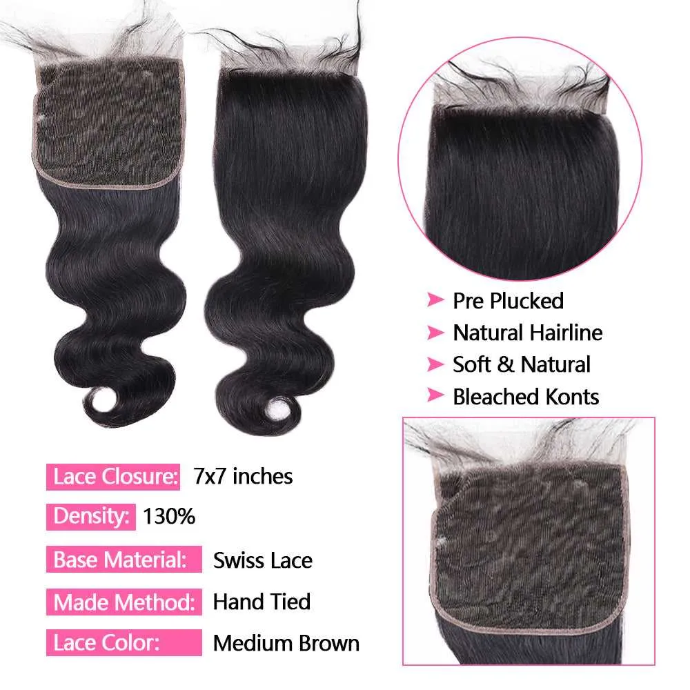 Sdamey Brazilian Body Wave Human Hair 7X7 Lace Closure