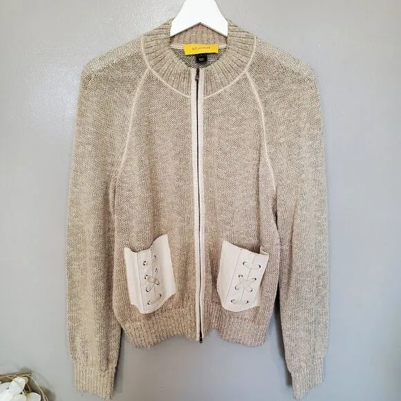 St. John Cardigan Sweater Womens Size Large Tan Knit Leather Pockets Trim Zip Up
