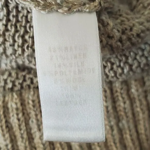 St. John Cardigan Sweater Womens Size Large Tan Knit Leather Pockets Trim Zip Up