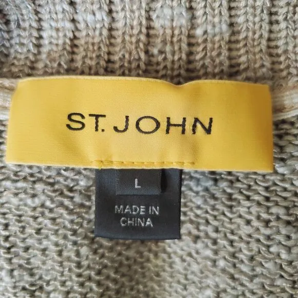 St. John Cardigan Sweater Womens Size Large Tan Knit Leather Pockets Trim Zip Up