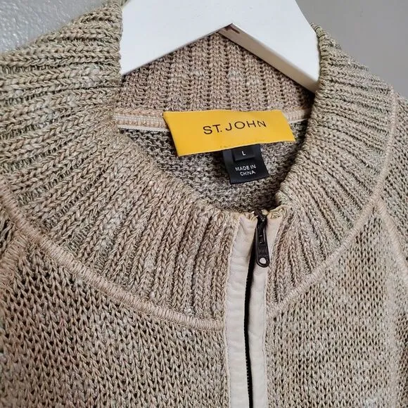 St. John Cardigan Sweater Womens Size Large Tan Knit Leather Pockets Trim Zip Up