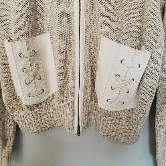 St. John Cardigan Sweater Womens Size Large Tan Knit Leather Pockets Trim Zip Up