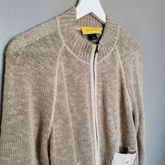 St. John Cardigan Sweater Womens Size Large Tan Knit Leather Pockets Trim Zip Up