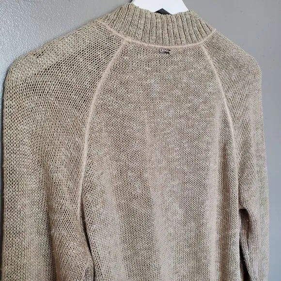 St. John Cardigan Sweater Womens Size Large Tan Knit Leather Pockets Trim Zip Up
