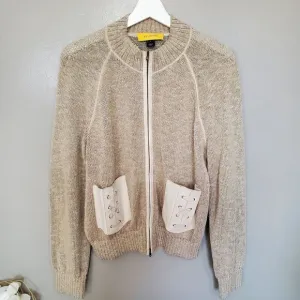 St. John Cardigan Sweater Womens Size Large Tan Knit Leather Pockets Trim Zip Up