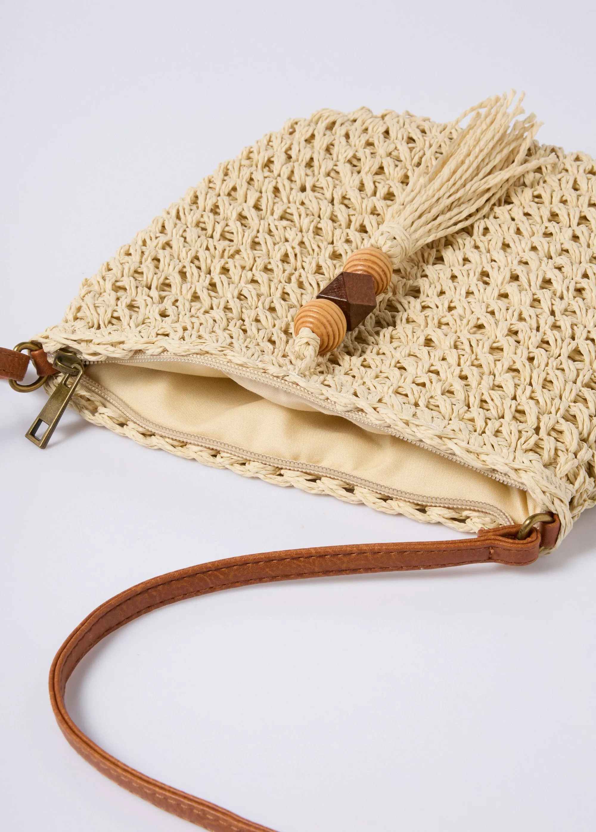 Straw shoulder bag, pearl pompom