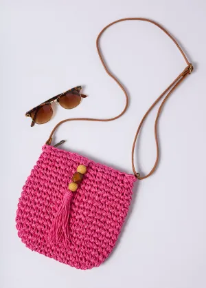 Straw shoulder bag, pearl pompom