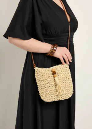 Straw shoulder bag, pearl pompom