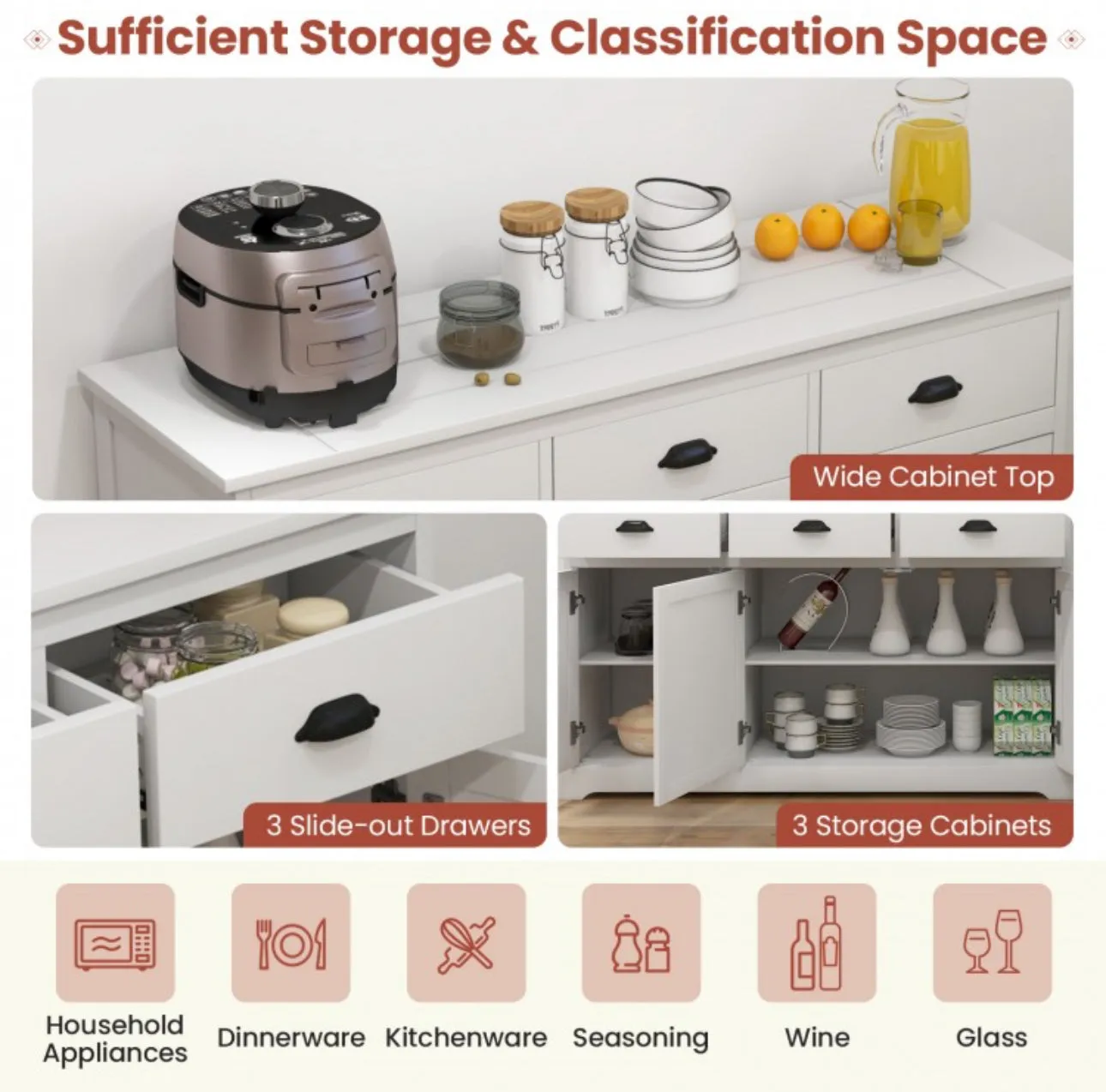 Super Elegant Cabinet Buffet SideBoard With Storage | Adjustable Shelves | 3 Drawers | Heavy Duty