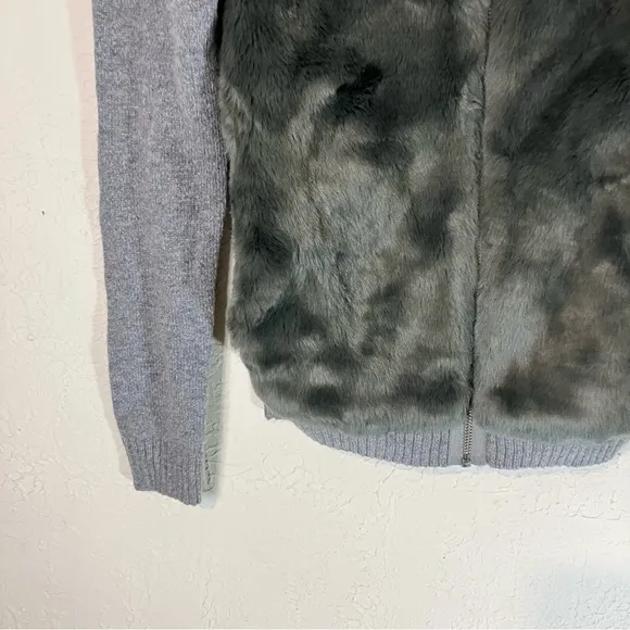 THE Kooples Faux Fur Front Wool Cashmere Blend Ribbed Zip Up in Grey