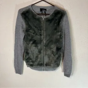 THE Kooples Faux Fur Front Wool Cashmere Blend Ribbed Zip Up in Grey