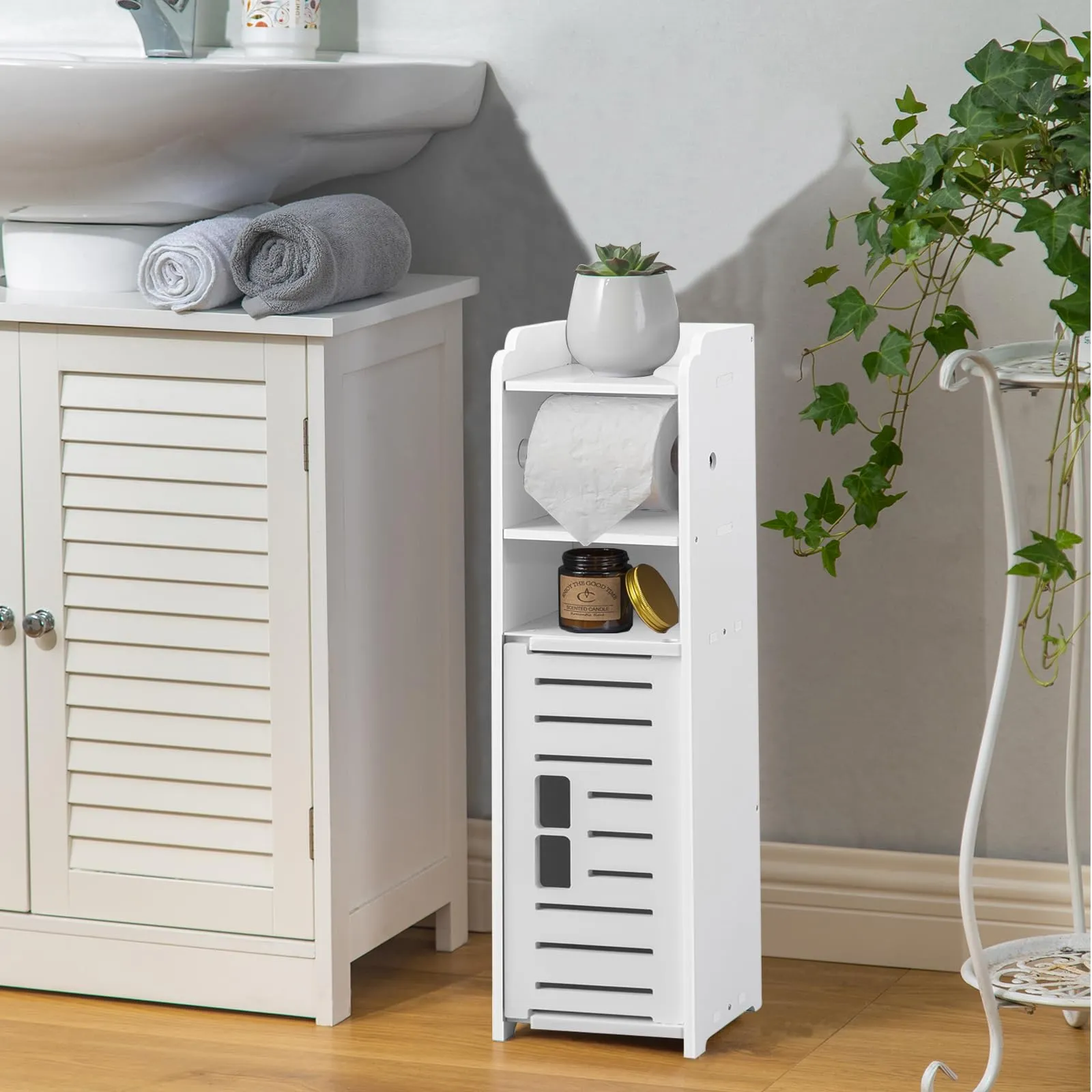 Toilet Paper Holder:Toilet Paper Holder Stand,Small Bathroom Storage Cabinet Bathroom Organizer-White by AOJEZOR
