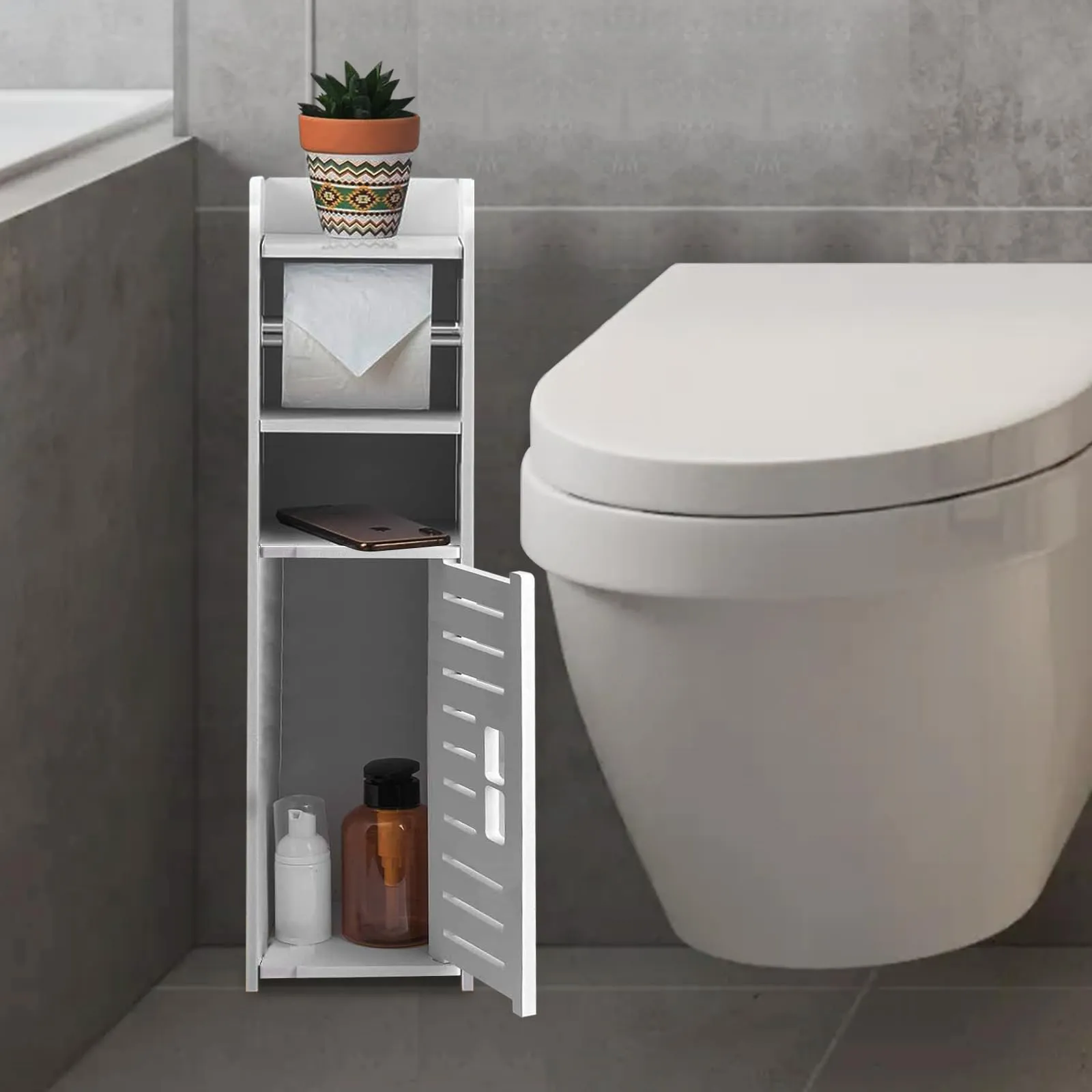Toilet Paper Holder:Toilet Paper Holder Stand,Small Bathroom Storage Cabinet Bathroom Organizer-White by AOJEZOR