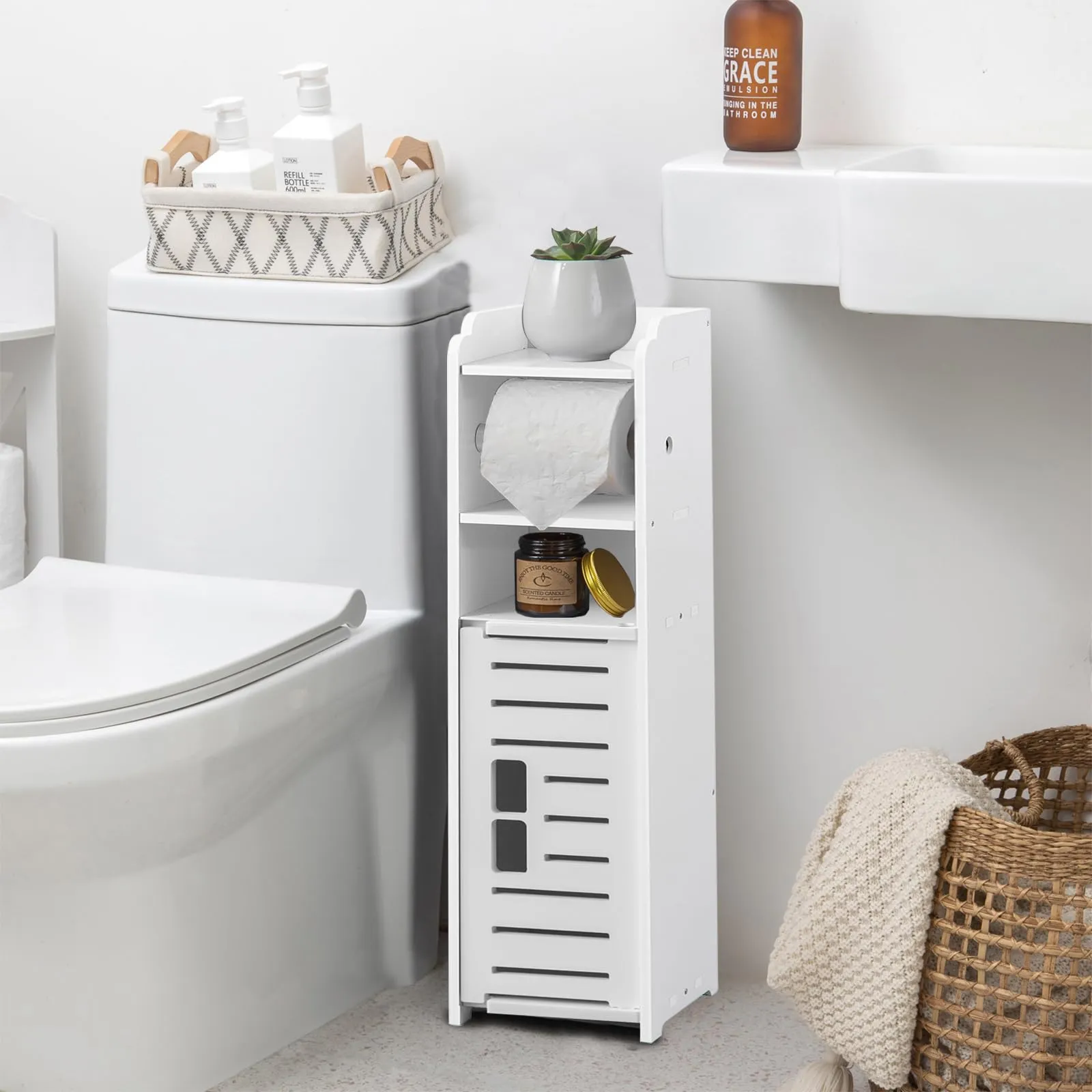 Toilet Paper Holder:Toilet Paper Holder Stand,Small Bathroom Storage Cabinet Bathroom Organizer-White by AOJEZOR