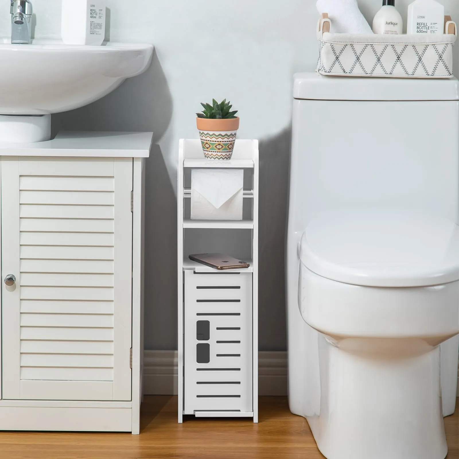 Toilet Paper Holder:Toilet Paper Holder Stand,Small Bathroom Storage Cabinet Bathroom Organizer-White by AOJEZOR
