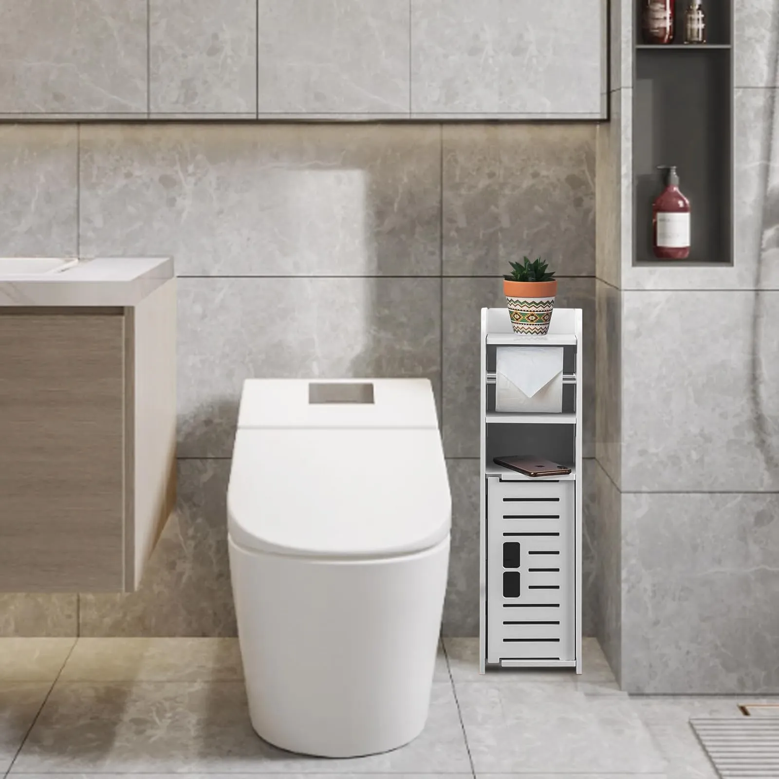 Toilet Paper Holder:Toilet Paper Holder Stand,Small Bathroom Storage Cabinet Bathroom Organizer-White by AOJEZOR
