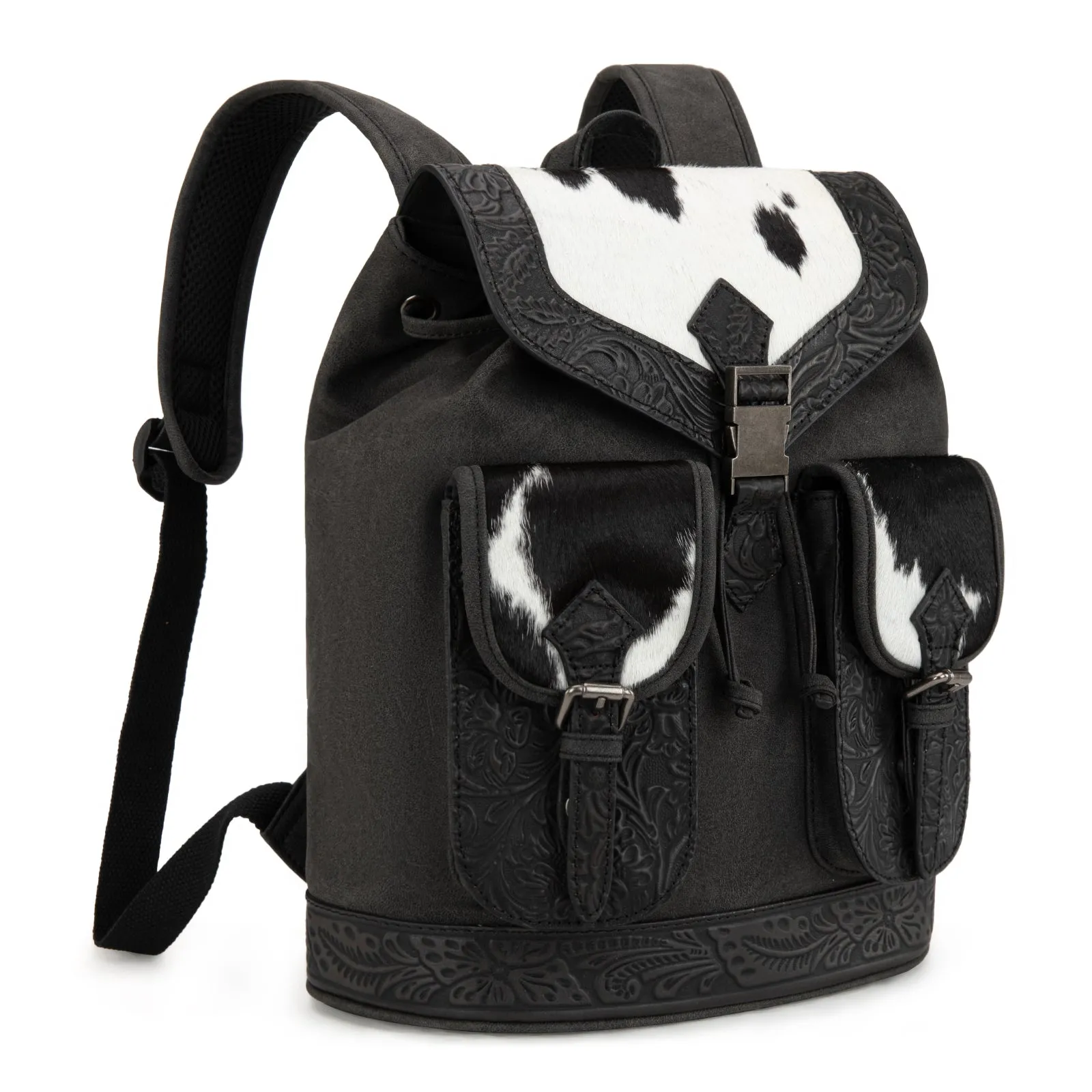 TR185-9110   Trinity Ranch Genuine Hair-On Cowhide Tooled Backpack - Black