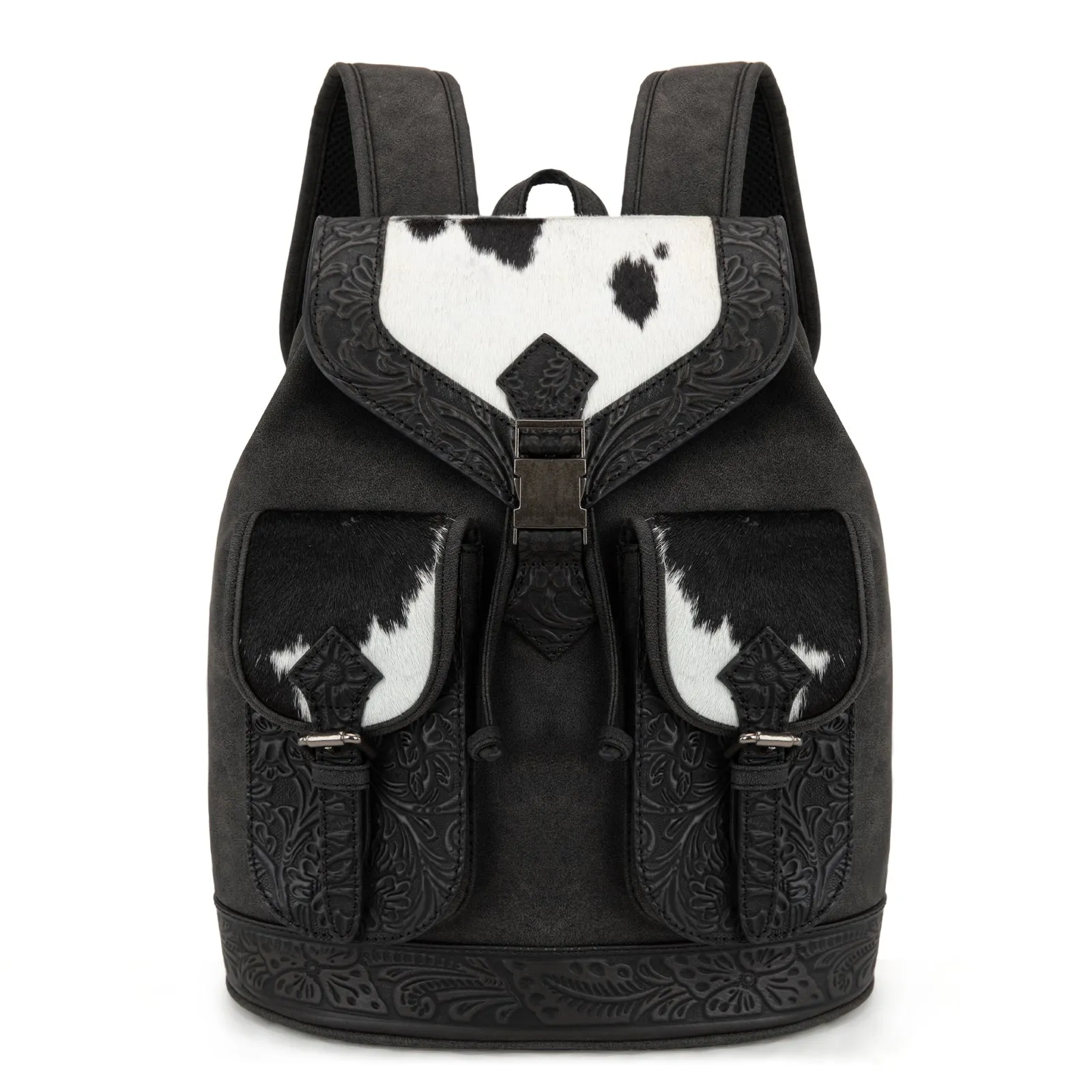 TR185-9110   Trinity Ranch Genuine Hair-On Cowhide Tooled Backpack - Black