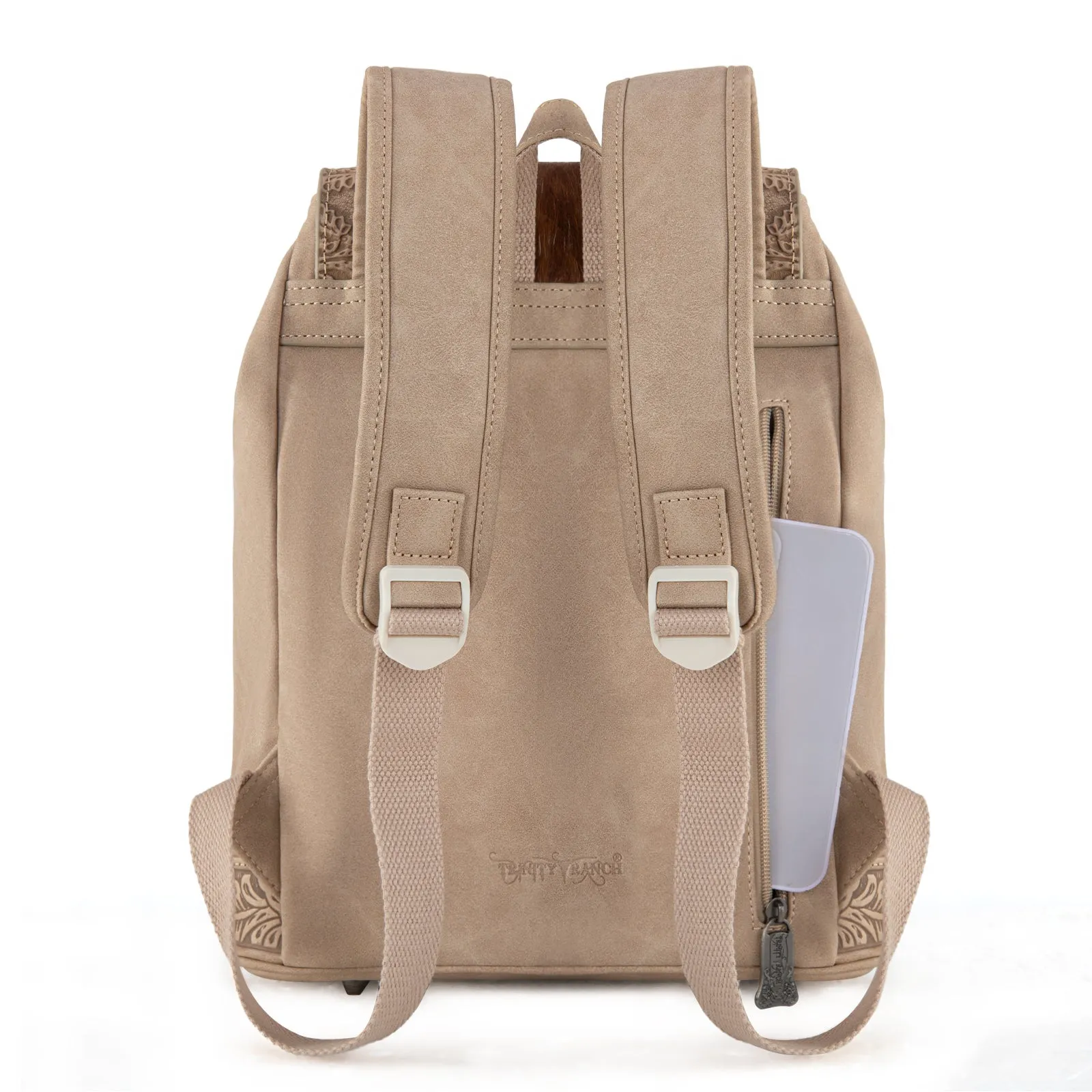 TR185-9110   Trinity Ranch Genuine Hair-On Cowhide Tooled Backpack - Tan