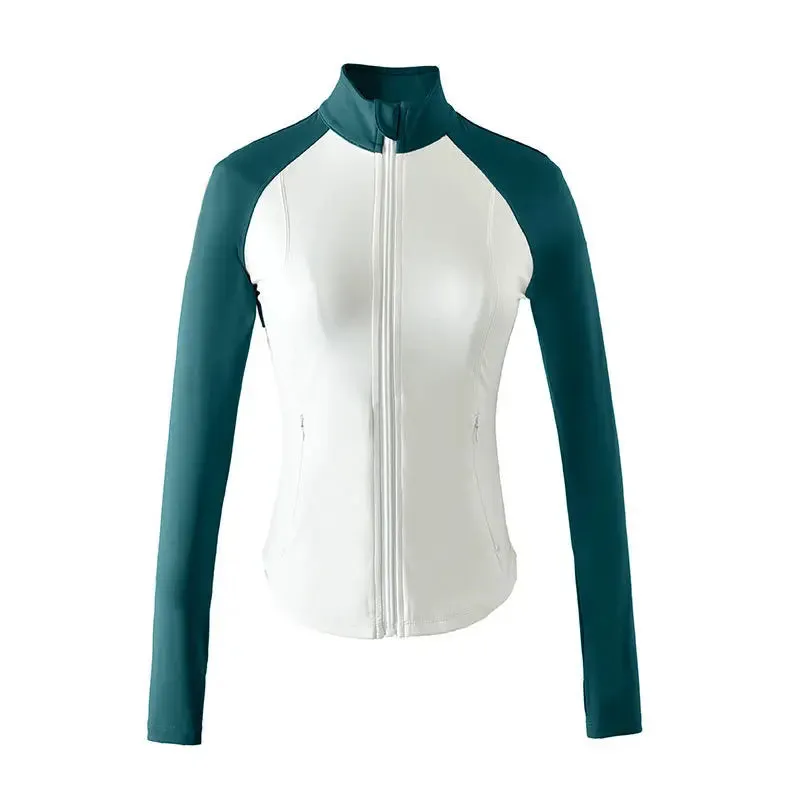 Two-Tone Slim Sport Jacket Women - Long Sleeve Zip Fitness Yoga Shirts Tops, Workout Gym Running Coats Training Clothes