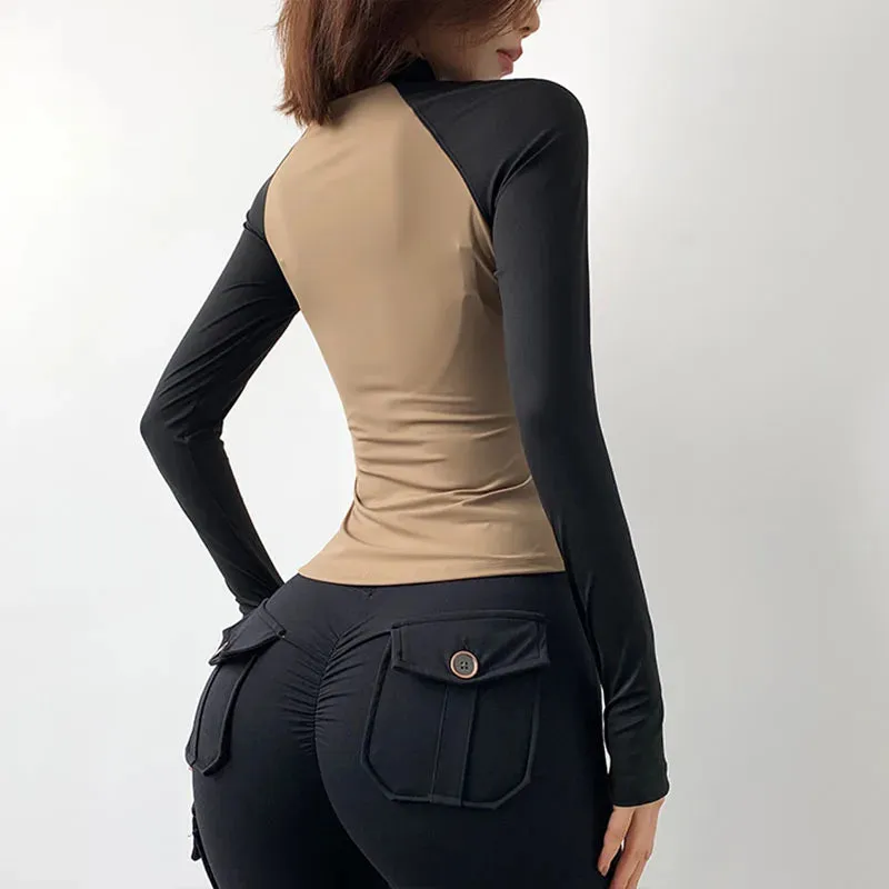 Two-Tone Slim Sport Jacket Women - Long Sleeve Zip Fitness Yoga Shirts Tops, Workout Gym Running Coats Training Clothes