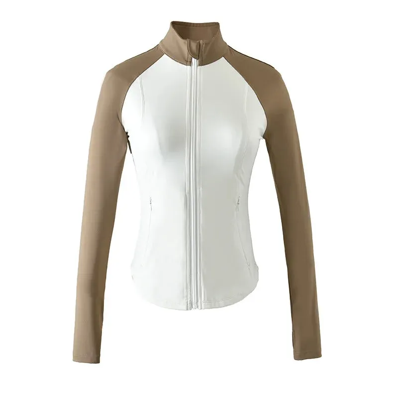 Two-Tone Slim Sport Jacket Women - Long Sleeve Zip Fitness Yoga Shirts Tops, Workout Gym Running Coats Training Clothes