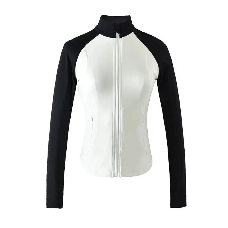 Two-Tone Slim Sport Jacket Women - Long Sleeve Zip Fitness Yoga Shirts Tops, Workout Gym Running Coats Training Clothes