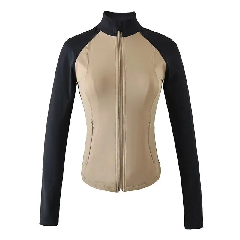 Two-Tone Slim Sport Jacket Women - Long Sleeve Zip Fitness Yoga Shirts Tops, Workout Gym Running Coats Training Clothes