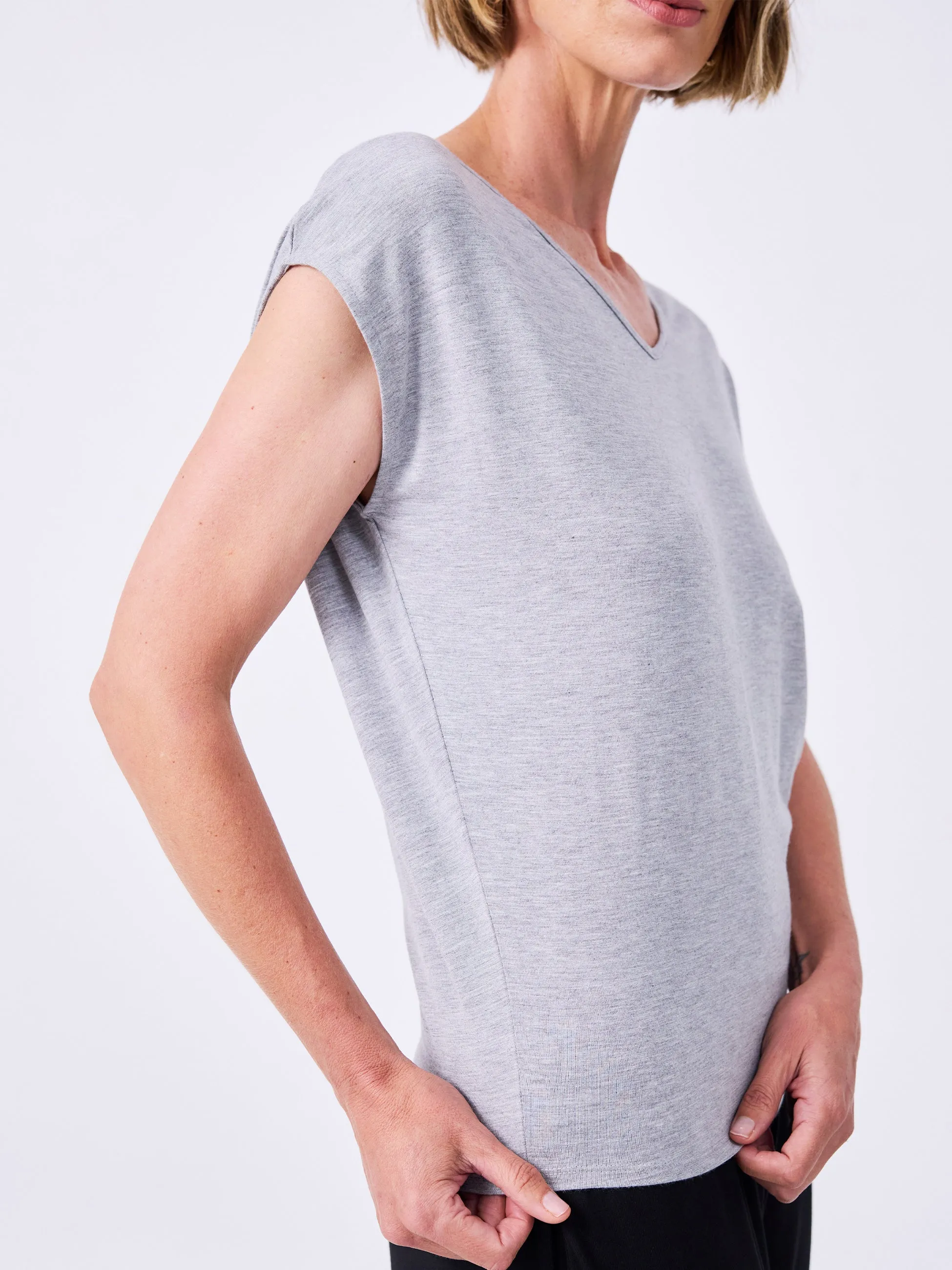 V Neck Modal Tee - Melange Grey